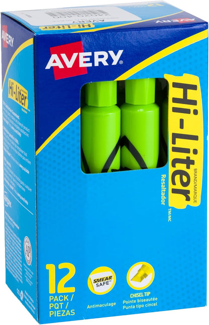 Avery Hi-Liter Desk-Style Highlighters, Smear Safe Ink, Chisel Tip, 12 Fluorescent Green Highlighters (24020)