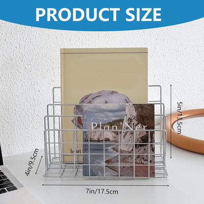 Silver Metal Desktop Organizer – 4-Slot Wire Mail Sorter, Minimalist Iron Art File Holder, Multi-Purpose Book Rack & Letter Organizer for Office, Home & School