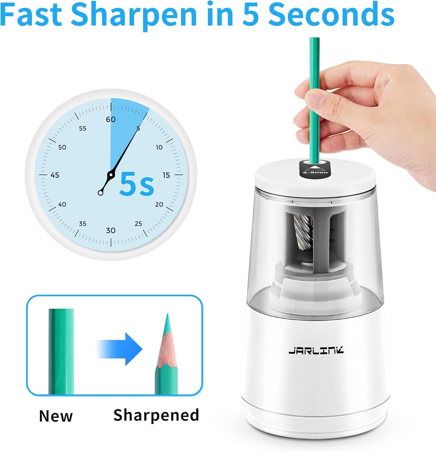 JARLINK Electric Pencil Sharpener, Heavy-Duty Helical Blade to Fast Sharpen, Auto Stop for No.2/Colored Pencils(6-8mm), AC Adapter/Battery Operated in School Classroom/Office/Home (Black)