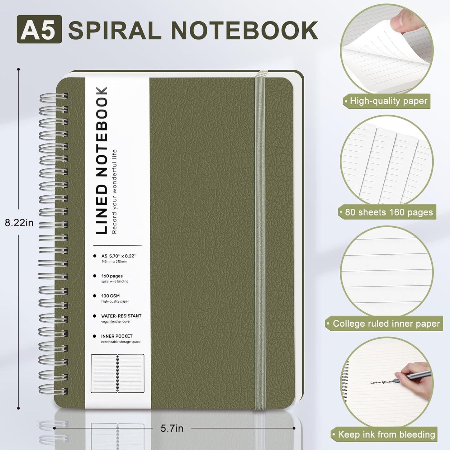 ABERLLS Lined Spiral Journal Notebook with 160 Pages, 8×5.7in, A5 Spiral Notebook, Journaling Notebooks for Work, School, Women, Men, College Ruled Spiral Notebook, Hardcover Leather Journals, Blue