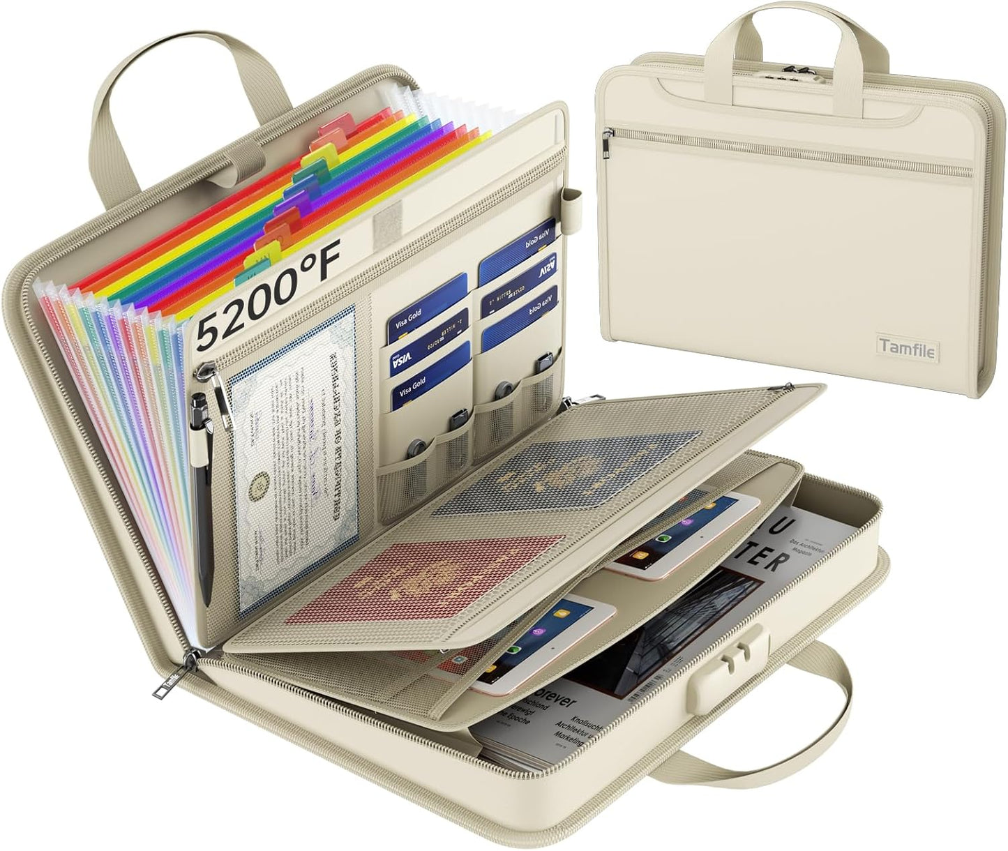 5200℉ Fireproof Accordion File Organizer with Lock, Thickened Document Organizer 13 Pocket with Zipper & Labels, Important Document Organizer, Expanding File Folder with Handle for Letter A4 (Grey)