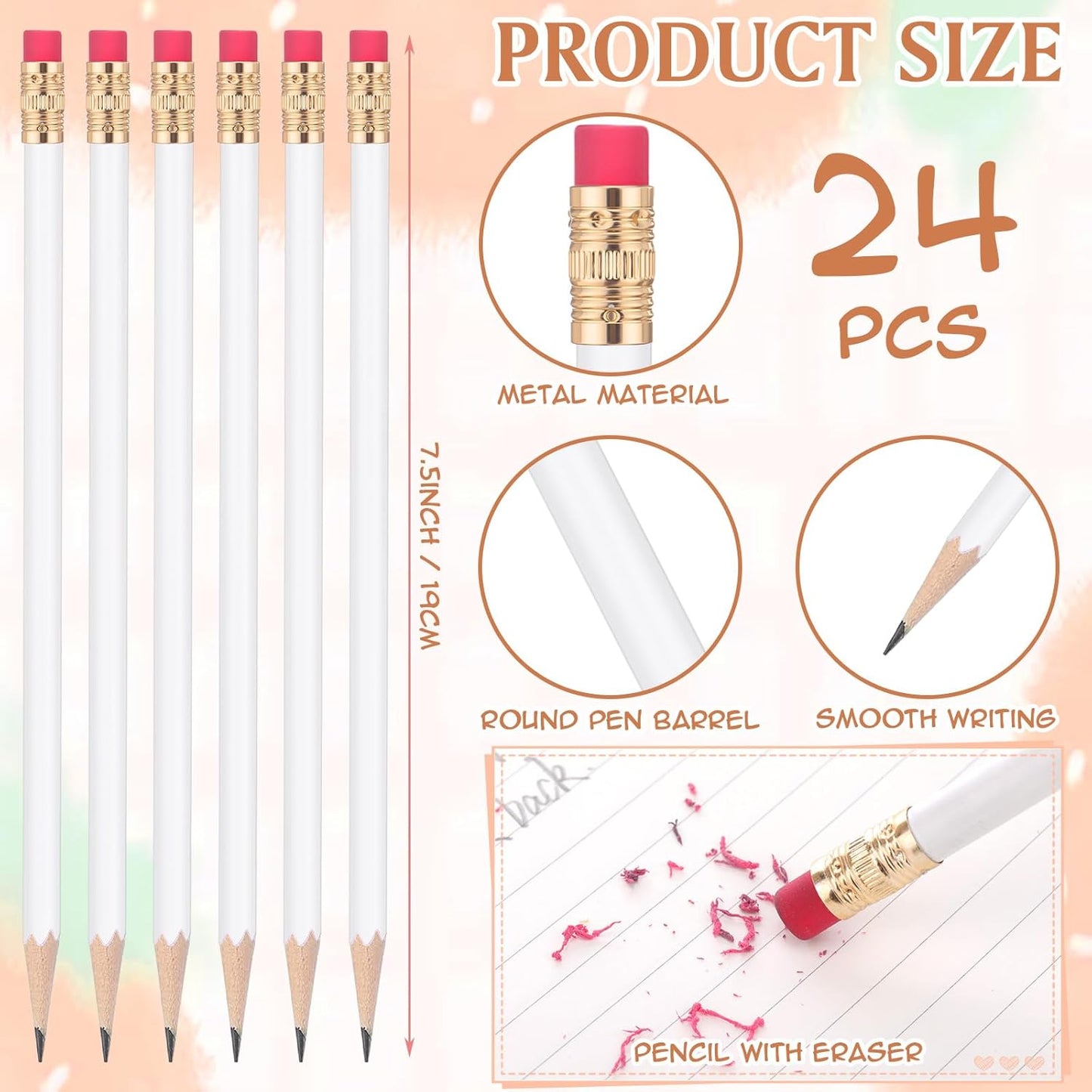 24 Pcs Round Pencils with Eraser 2 HB Cute Pencils Bulk for School Graphite Wood Color Unsharpened Pencil for Drawing Sketching Wedding School Teacher Supplies Student Reward