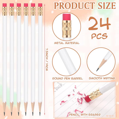 24 Pcs Round Pencils with Eraser 2 HB Cute Pencils Bulk for School Graphite Wood Color Unsharpened Pencil for Drawing Sketching Wedding School Teacher Supplies Student Reward