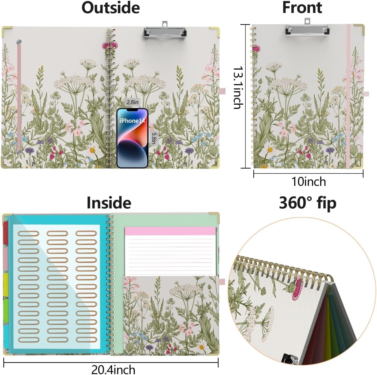 Clipboard Folio with Storage 8.5 X 11 Padfolio Notebook, Clipboards with Notepad Spiral with 10 Pockets and 5 Folders Nursing Teacher School Essentials (Pink Floral)