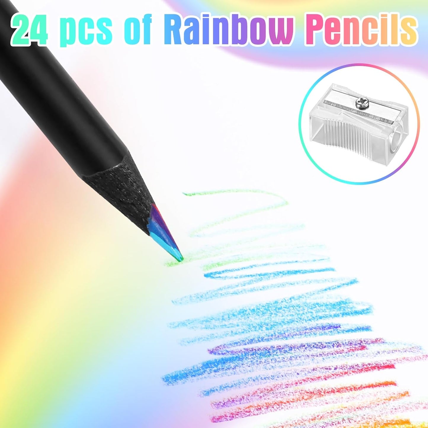 12 Pcs Rainbow Pencils with Sharpener, 7 Color in 1, Black Wooden, Art Supplies for Kids & Adults, Birthday Pencils