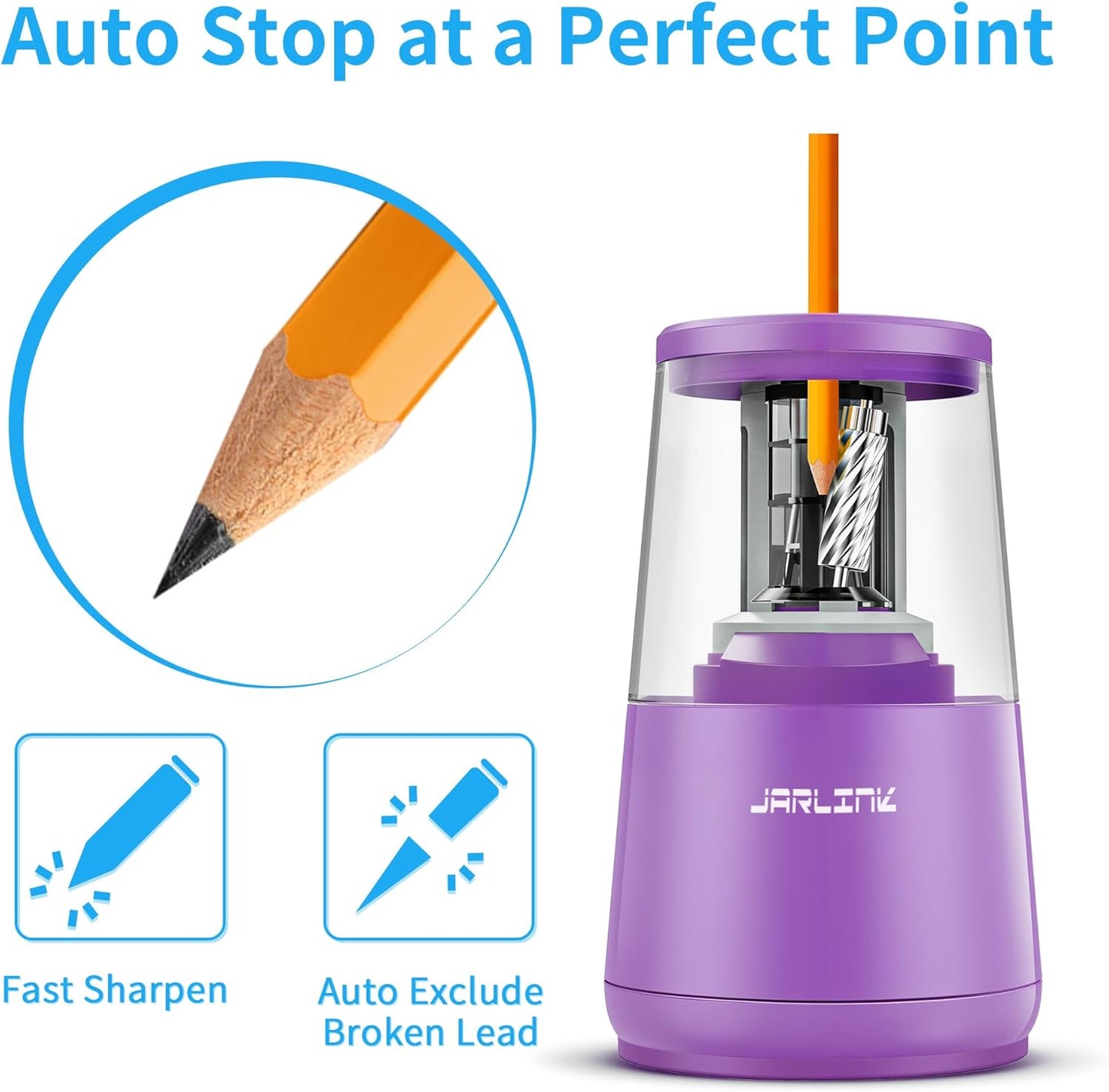 JARLINK Electric Pencil Sharpener, Heavy-Duty Helical Blade to Fast Sharpen, Auto Stop for No.2/Colored Pencils(6-8mm), AC Adapter/Battery Operated in School Classroom/Office/Home (Black)