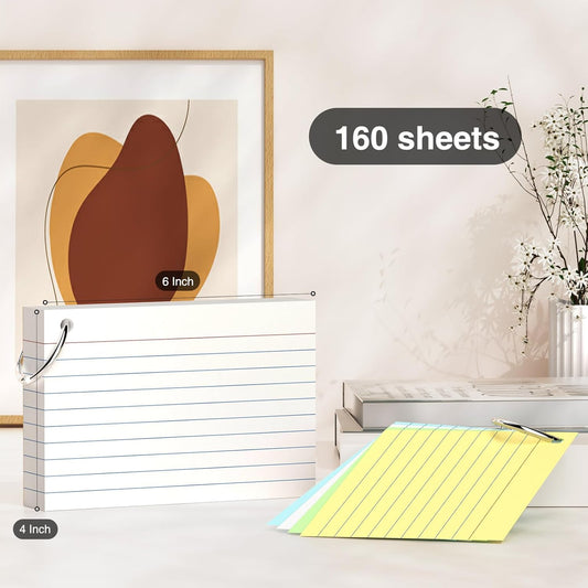 250 Count Colored 3 x 5 Inch Index Cards with Ring, Ruled Flash Cards for Office Use, Portable Note Cards for Study, Thick Flashcards for Home and School