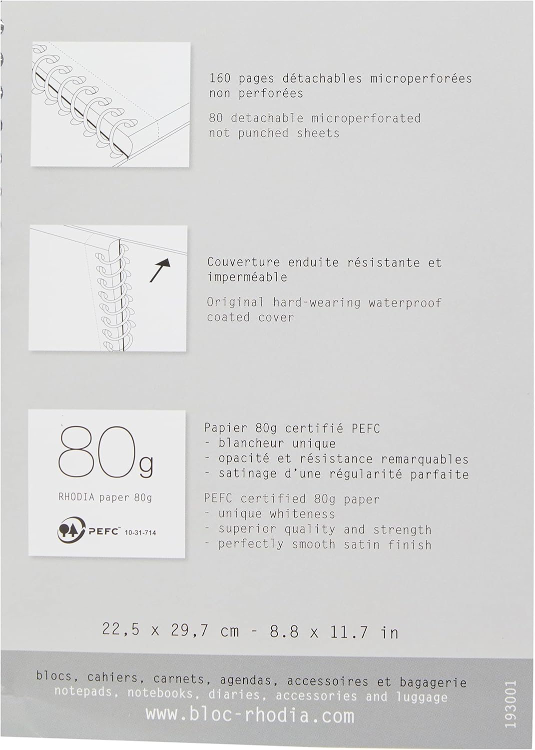 Rhodia 193101C - Spiral Notebook (Full Bound) White Notebook - A4+ - Ruled - 160 Detachable Pages - Clairefontaine Paper 80 g/m - Soft and Resistant Coated Card Cover - Classic
