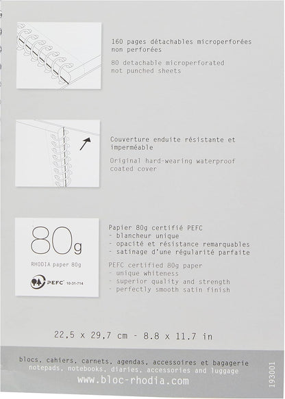 Rhodia 193101C - Spiral Notebook (Full Bound) White Notebook - A4+ - Ruled - 160 Detachable Pages - Clairefontaine Paper 80 g/m - Soft and Resistant Coated Card Cover - Classic