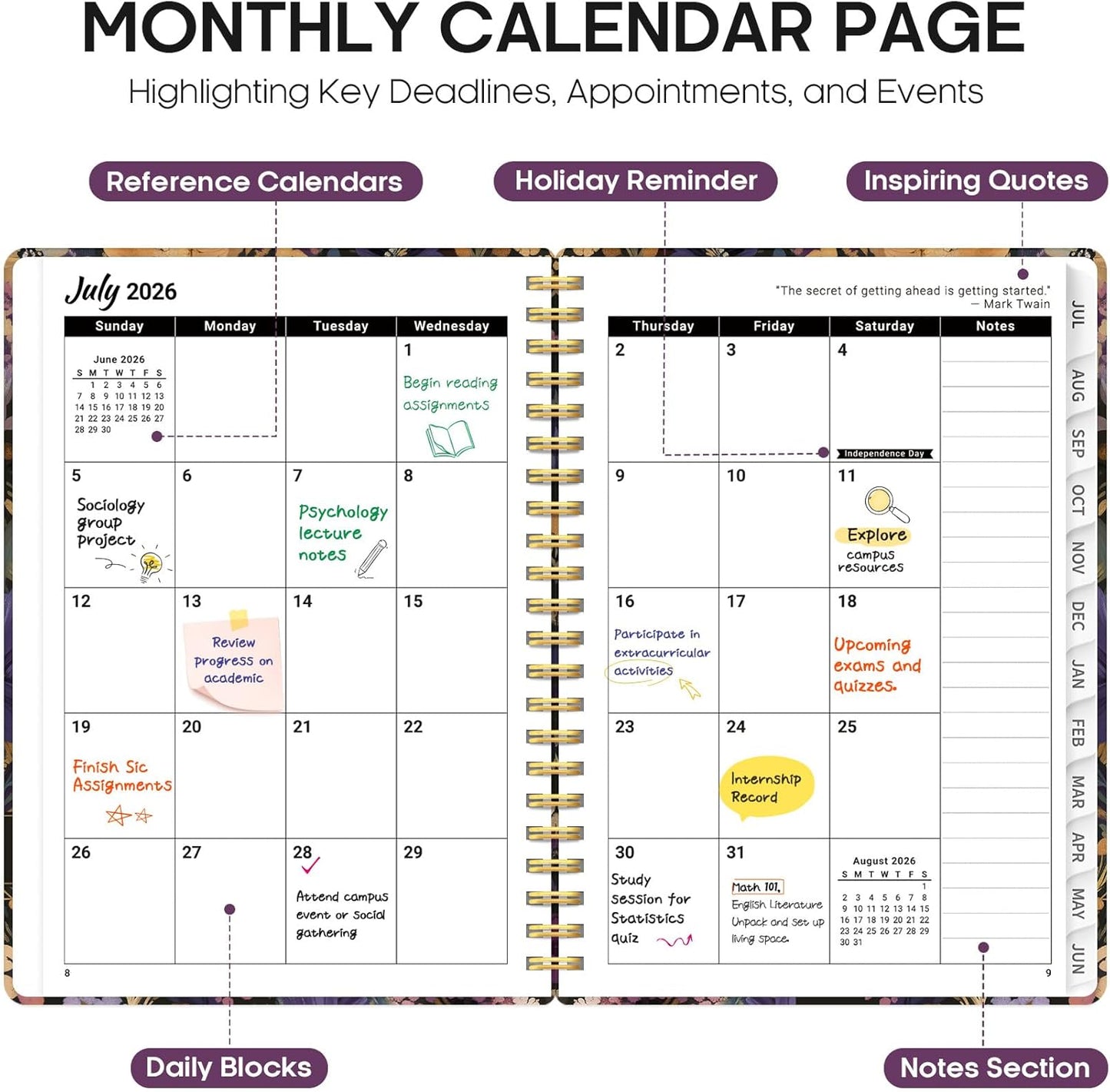 Planner 2026-2027, Academic Year Monthly and Weekly Calendar Planner, Jul 2026 - Jun 2027, Hardcover Teacher Student Planning Agenda book with Tabs, Perfect for School Office Supplies, 6.3" x 8.5" - Wildflowers