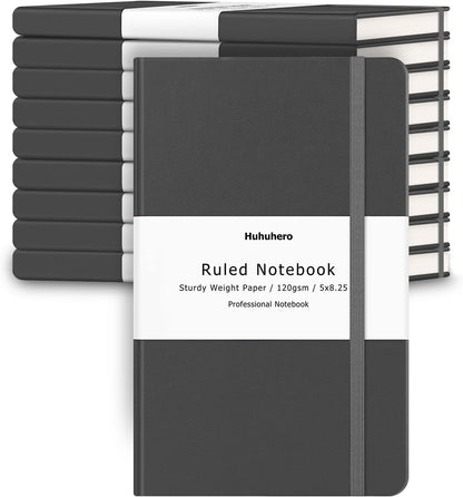 Huhuhero 5 Pack Lined Journal Notebooks, Hardcover Notebook for Work School Office, 5"×8.25", 120Gsm Thick Ruled Writing Journals for Note Taking Business, Black