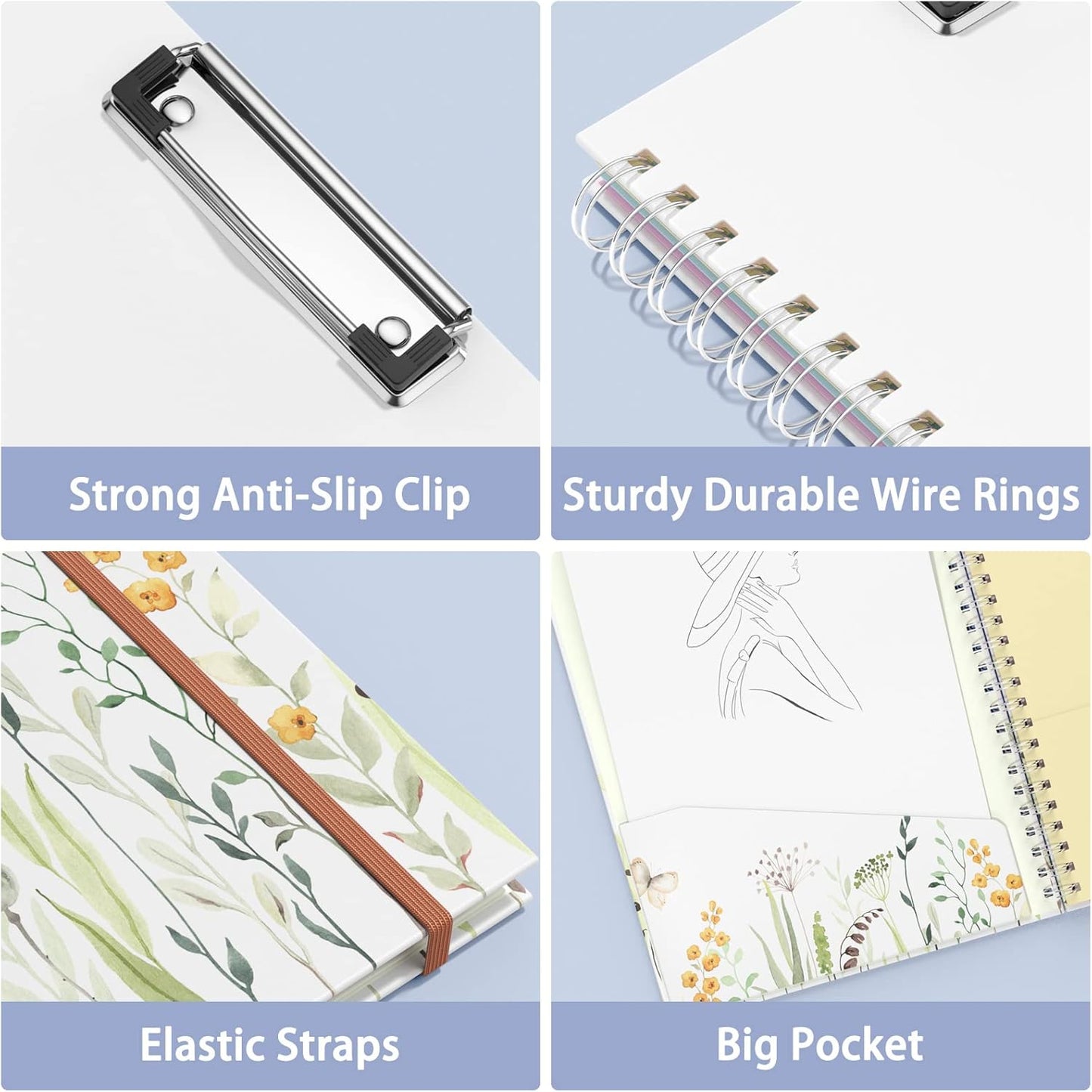 Rimilak Spiral Clipboards Folio with Refillable Lined Notepad, 14.5 x 9.8 In, Hardcover Cover with 5 Interior Pockets, Elastic Band and Pen Loop Series. Cute Stylish Clipfolio, Daisy Flower