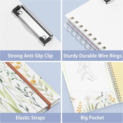 Rimilak Spiral Clipboards Folio with Refillable Lined Notepad, 14.5 x 9.8 In, Hardcover Cover with 5 Interior Pockets, Elastic Band and Pen Loop Series. Cute Stylish Clipfolio, Daisy Flower