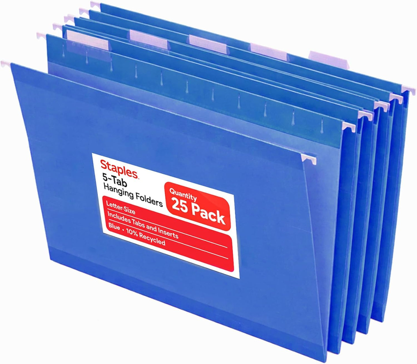 Staples Hanging File Folders, Letter Size, Blue, 5‑Tab, 1/5‑Cut Tabs, Includes Tabs & Inserts – 25/Pack