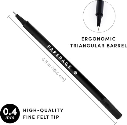 PAPERAGE Felt Tip Fine Point Pens (0.4mm), 12 Pack, Pens For Journaling, Notebooks, Planners, Calendars & Drawing, Great for School, Office, & Home (Black Ink)