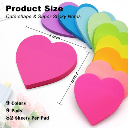 9 Pads Heart Sticky Notes 3x3 in, Super Cute Bright Color Heart Shaped Sticky Notes Strong Adhesive Post, Clean Removal, 82 Sheets/Pad