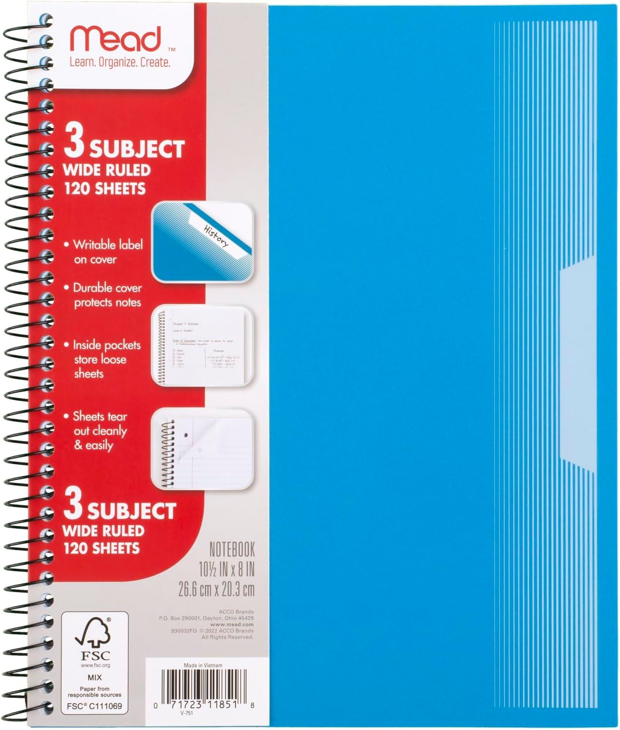 Mead Spiral Notebooks, 1 Subject, Wide Ruled Paper, 8" x 10-1/2", 100 Sheets, Assorted Colors, 5 Pack (930093)