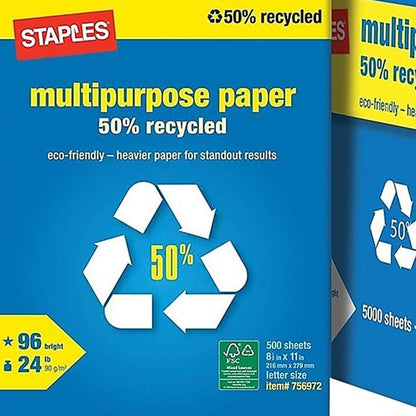 Staples 100% Recycled 8.5-Inch x 11-Inch Copy Paper 20 lbs 92B 500/Ream 10 Ream/Count, For Office, School & Home