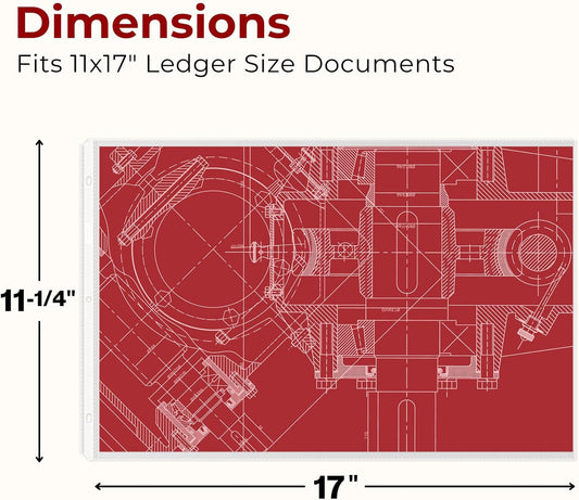 Dunwell 11x17 Sheet Protectors Landscape - (50 Pack, Heavyweight), 11 x 17 Ledger Size Plastic Sleeves, 3 Hole Punched, Fits 3-Ring Binders, Clear Archival Sleeves, Oversized Sheet Protectors