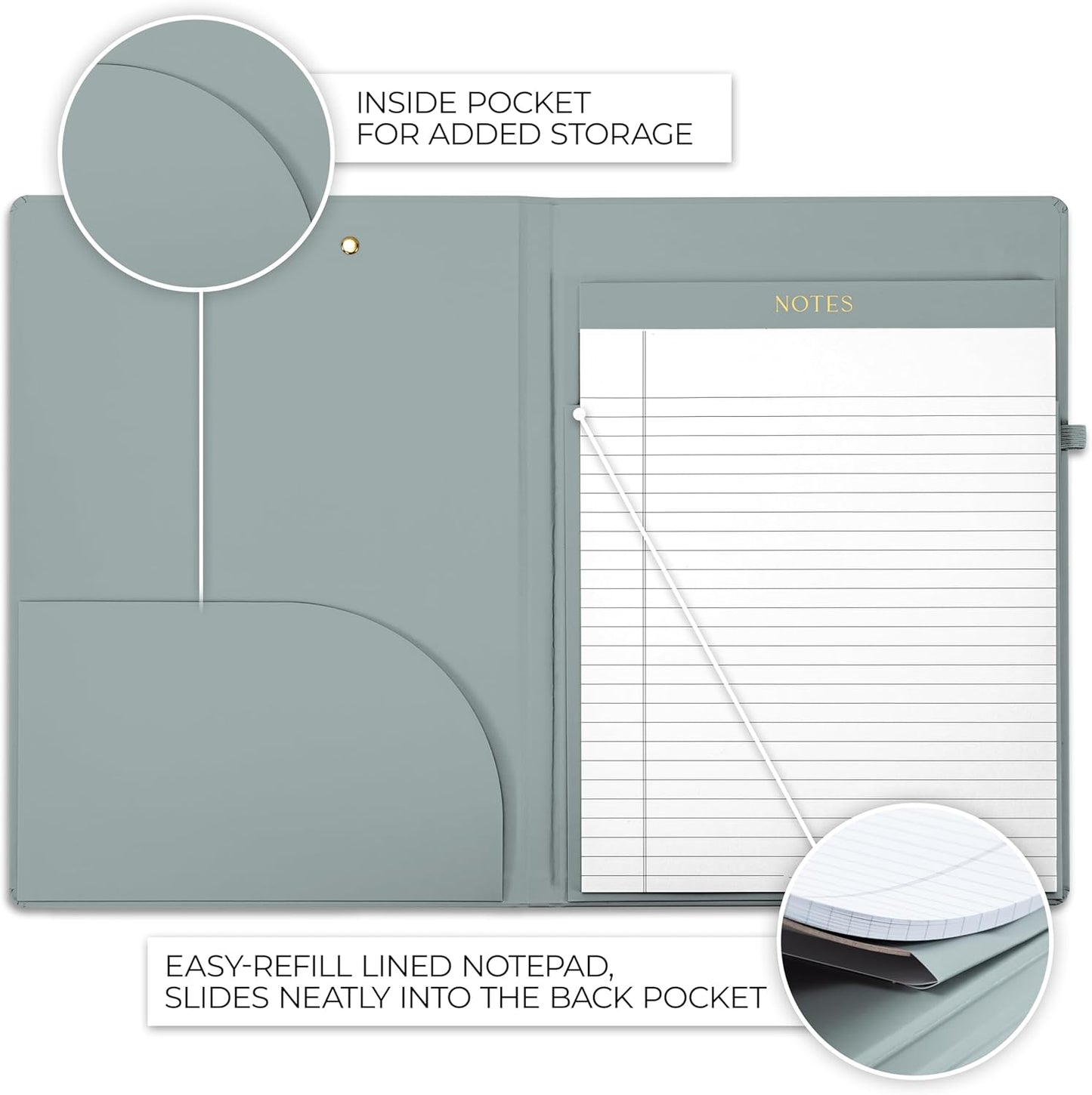 Aesthetic Clipboard Folio with Refillable Lined Notepad & Interior Pocket – Cute Padfolio/Legal Pad Holder for Women – Easily Organize Notes at Work, School, or Home
