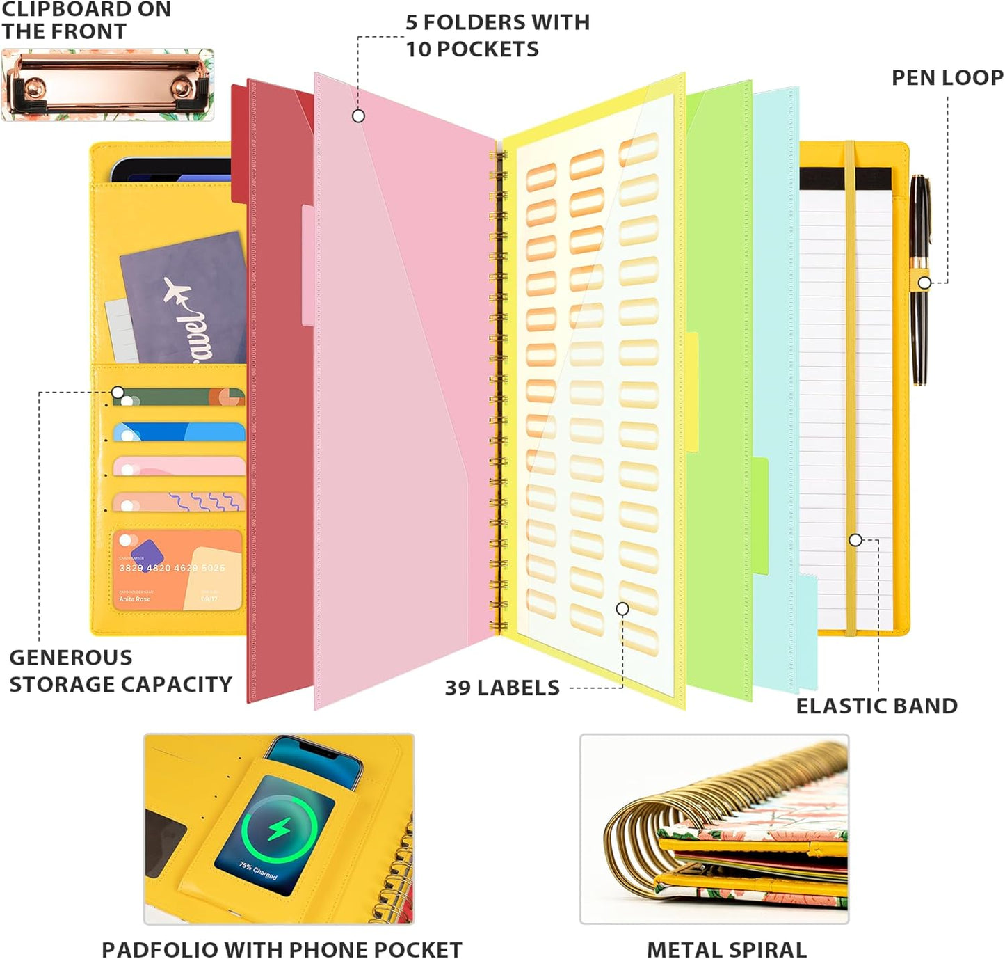 Ospelelf Clipboard with Storage for Women, Leather Padfolio Portfolio Organizer 5 Folders with 10 Pockets, Spiral Clipboard Folio with Notepad for Letter Size, Elastic Closure and Pen Loop Floral