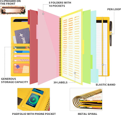 Ospelelf Clipboard with Storage for Women, Leather Padfolio Portfolio Organizer 5 Folders with 10 Pockets, Spiral Clipboard Folio with Notepad for Letter Size, Elastic Closure and Pen Loop Floral