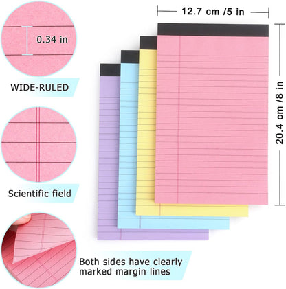 ZZTX Legal Pads Note Pads 5 x 8 Inch Lined Writing Pads, 50 Sheets Per Writing Pad, 4 Pack (Multicolor)