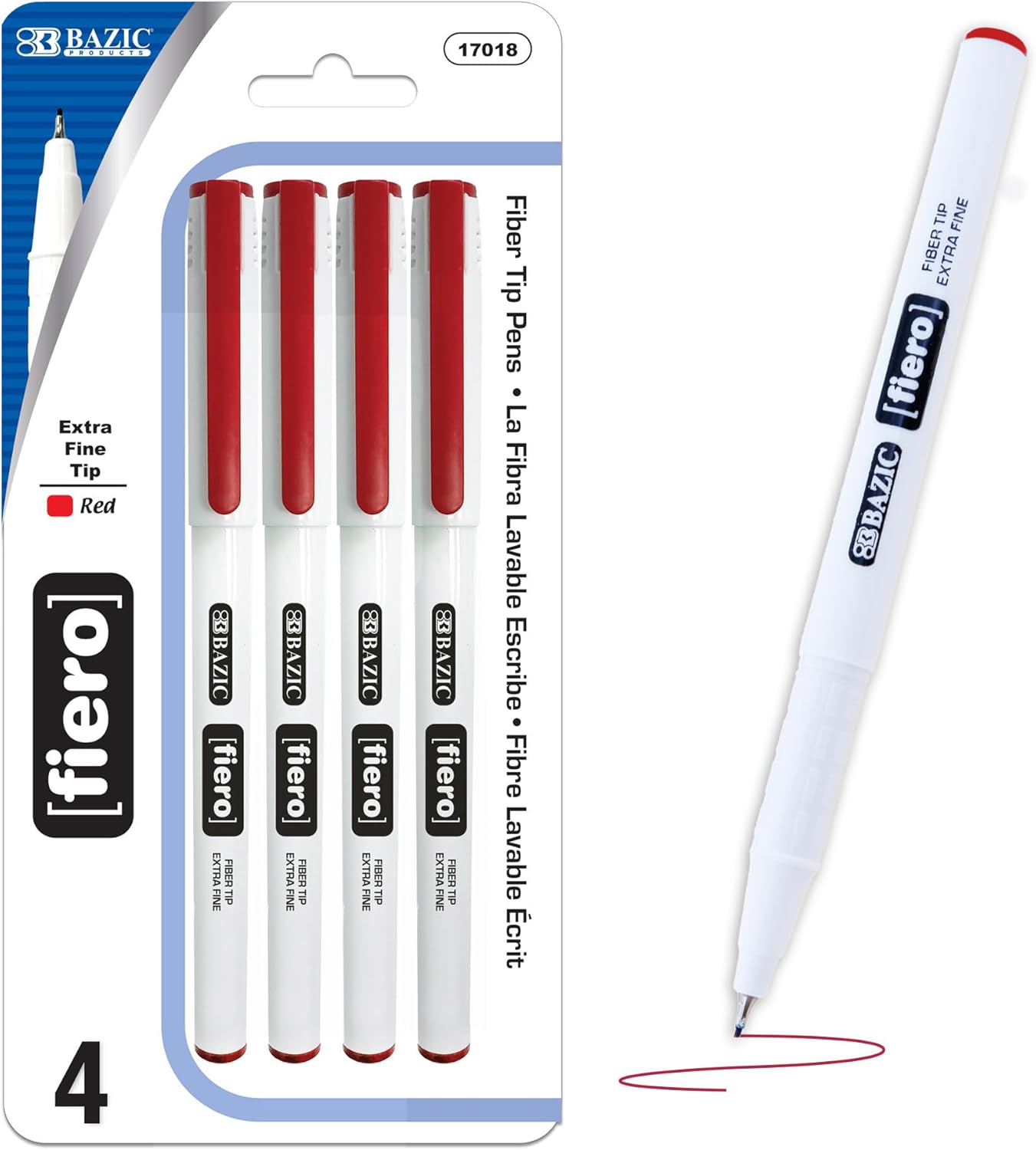 BAZIC Products Fiero Fiber Tip Pen, Fineliner Pens 0.4mm Blue Color Extra Fine Point, Writing Drawing for Graphic Office School (4/Pack), 1-Pack
