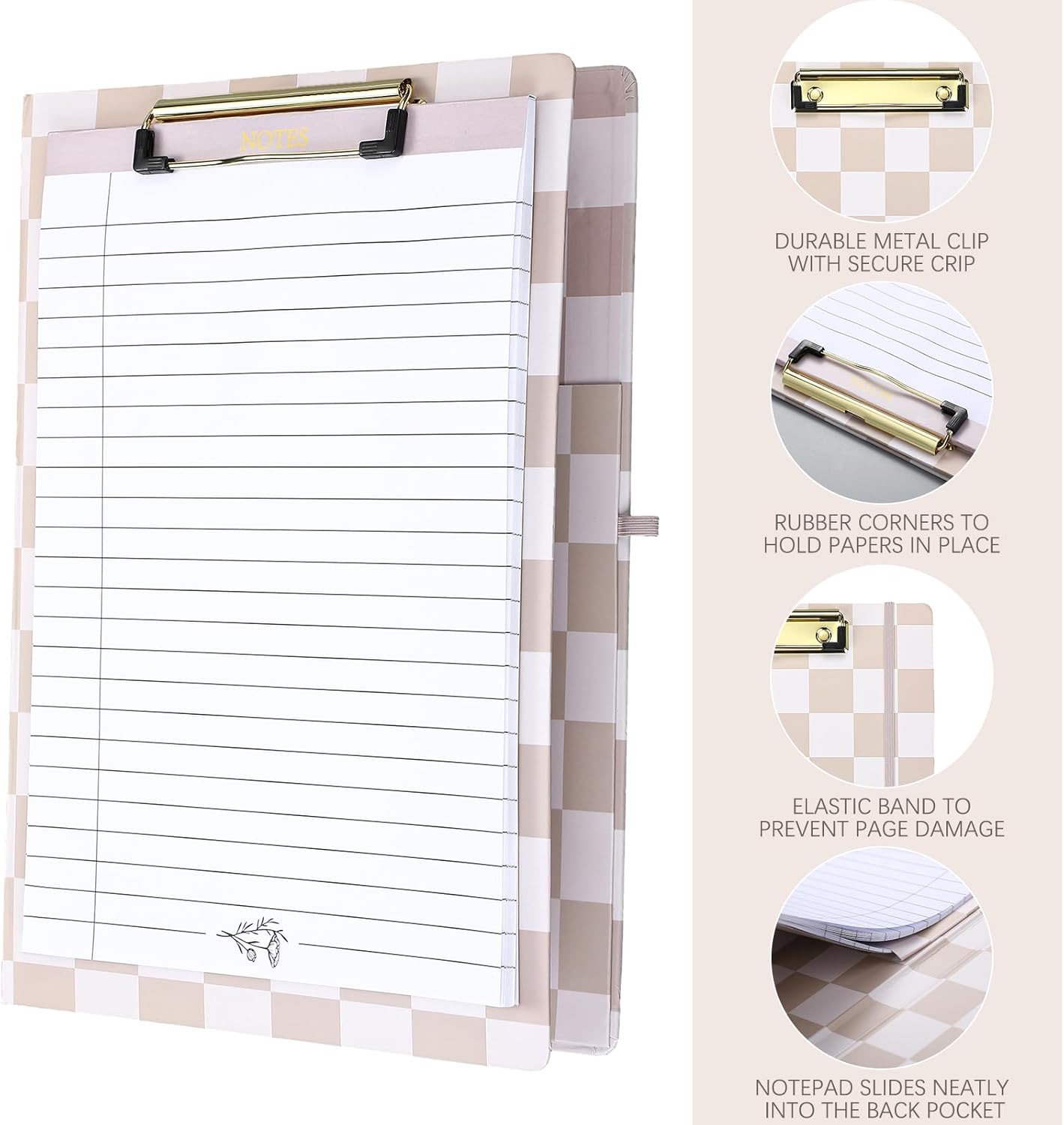 Affrolling Checkered Clipboard Padfolio with Refillable Lined Notepad and Interior Storage Pocket, Portfolio Folder Organizer Legal Pad Holder for Work Business Office(Brown)