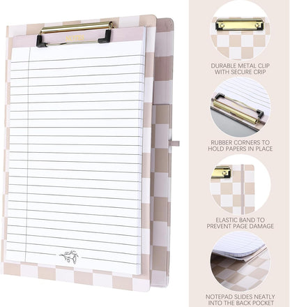 Affrolling Checkered Clipboard Padfolio with Refillable Lined Notepad and Interior Storage Pocket, Portfolio Folder Organizer Legal Pad Holder for Work Business Office(Brown)