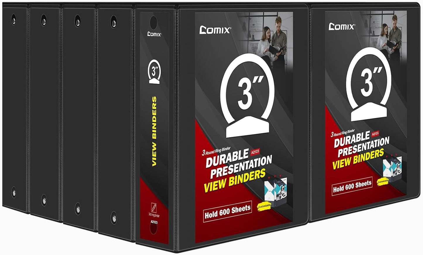 Comix Sturdy Round Ring Binder 3 inch with Clear View Cover, Holds 600 Sheets of US Letter Size Paper, 2 Pack (Black)