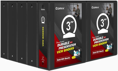 Comix Sturdy Round Ring Binder 3 inch with Clear View Cover, Holds 600 Sheets of US Letter Size Paper, 2 Pack (Black)