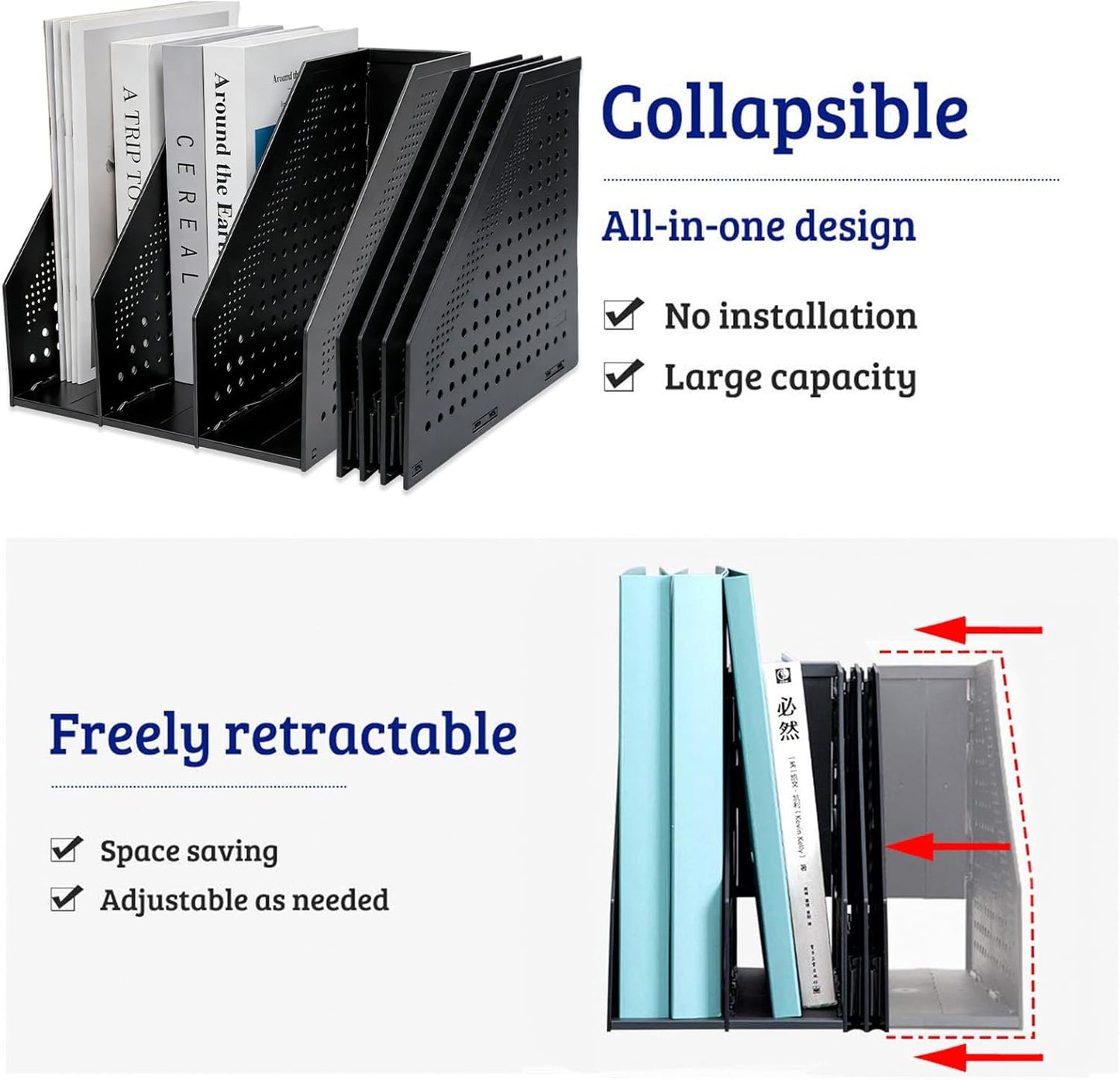 Marte Vanci Collapsible Magazine File Holder with 4 Vertical Compartments, Binder Holder for Desk, Desktop Binder Organizer for Notebook, Documents, Book, School Office Supplies(Light Gray)