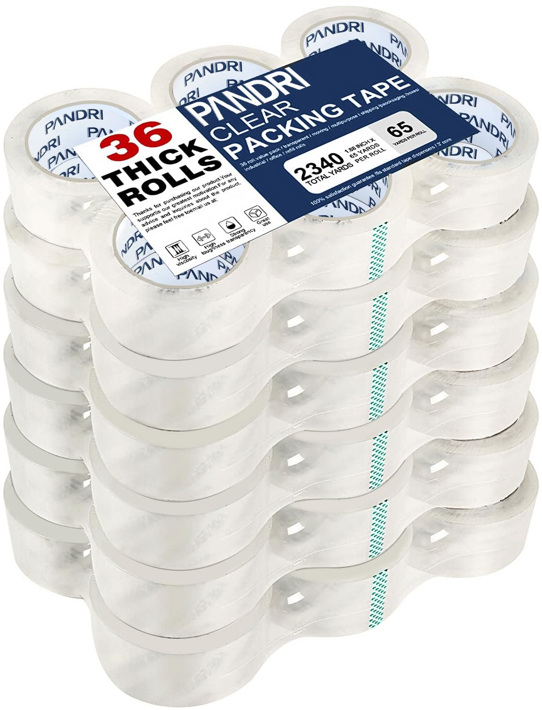 PANDRI Packing Tape, 36 Rolls Heavy Duty Clear Packaging Tape for Shipping Packaging Moving Sealing, 2 inches Wide, 65 Yards Per Roll, Total 2340 Yards