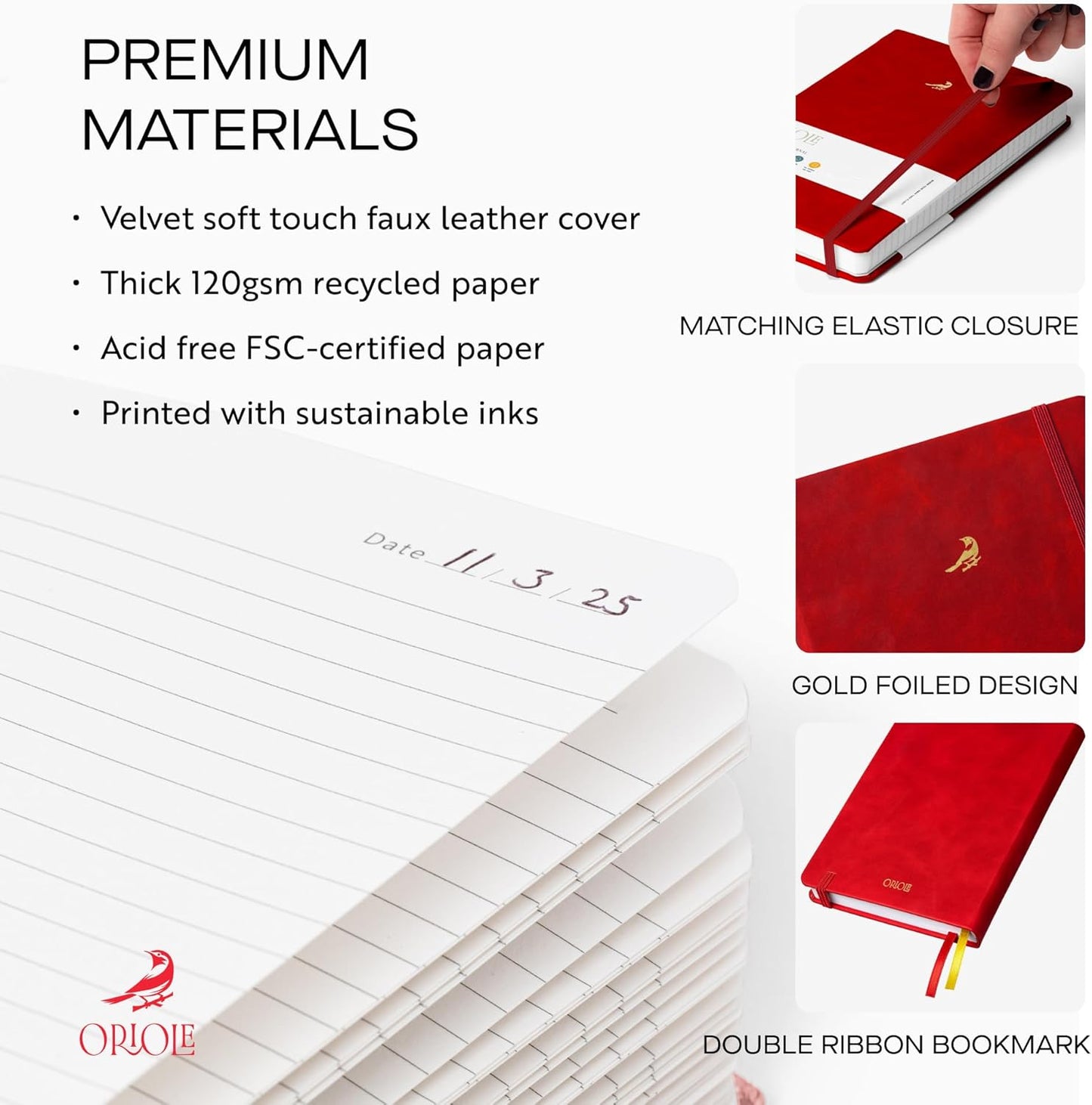 Oriole Vegan Leather Ruled Notebook - Chestnut Brown | 176 Pages of Thick Lined Paper | Soft Touch Hardcover Journal (5 x 8 in) with Gold Foil Bird Design & Luxury Gift Box