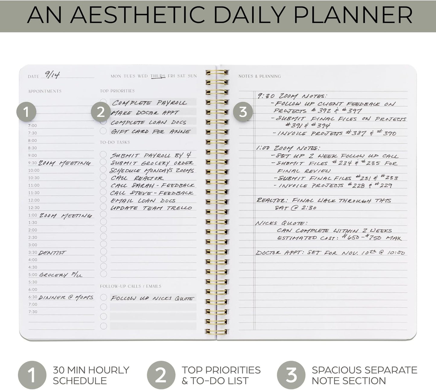 Beautiful Daily Planner And Notebook With Hourly Schedule - Aesthetic Spiral To do List Notepad to Easily Organize Your Tasks And Appointments - Stylish Book And School Or Office Supplies For Women