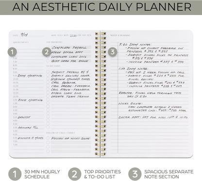 Beautiful Daily Planner And Notebook With Hourly Schedule - Aesthetic Spiral To do List Notepad to Easily Organize Your Tasks And Appointments - Stylish Book And School Or Office Supplies For Women
