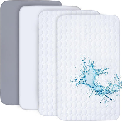 Pack and Play Sheets and Waterproof Pack n Play Mattress Protector Pad Cover 4 Pack Set, Ultra Soft Pack n Play Mattresses Sheets Compatible with Graco Pack n Play, Grey&Navy
