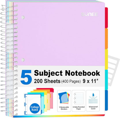 SUNEE 5 Subject Graph Paper Notebook - 400 Pages, 9"x11", 4x4 Graph Ruled Notebook, 5 Pocket Colored Dividers, 3-Hole Punched Paper, Black
