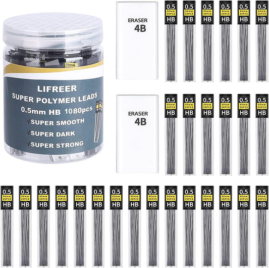 Lifreer 0.7 Lead Refills (1080 Pcs), Unbreakable 0.7 mm Lead Refills and 2 Premium Erasers, Long Lasting HB Pencil Lead 0.7 Refill,Mechanical Pencil Lead 0.7mm for Students & Professionals