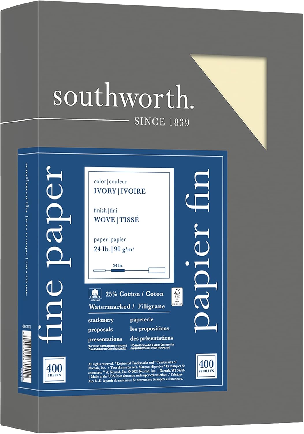 Southworth 404C 25% Cotton Business Paper White 24 lbs. Wove 8-1/2 x 11 500/Box FSC