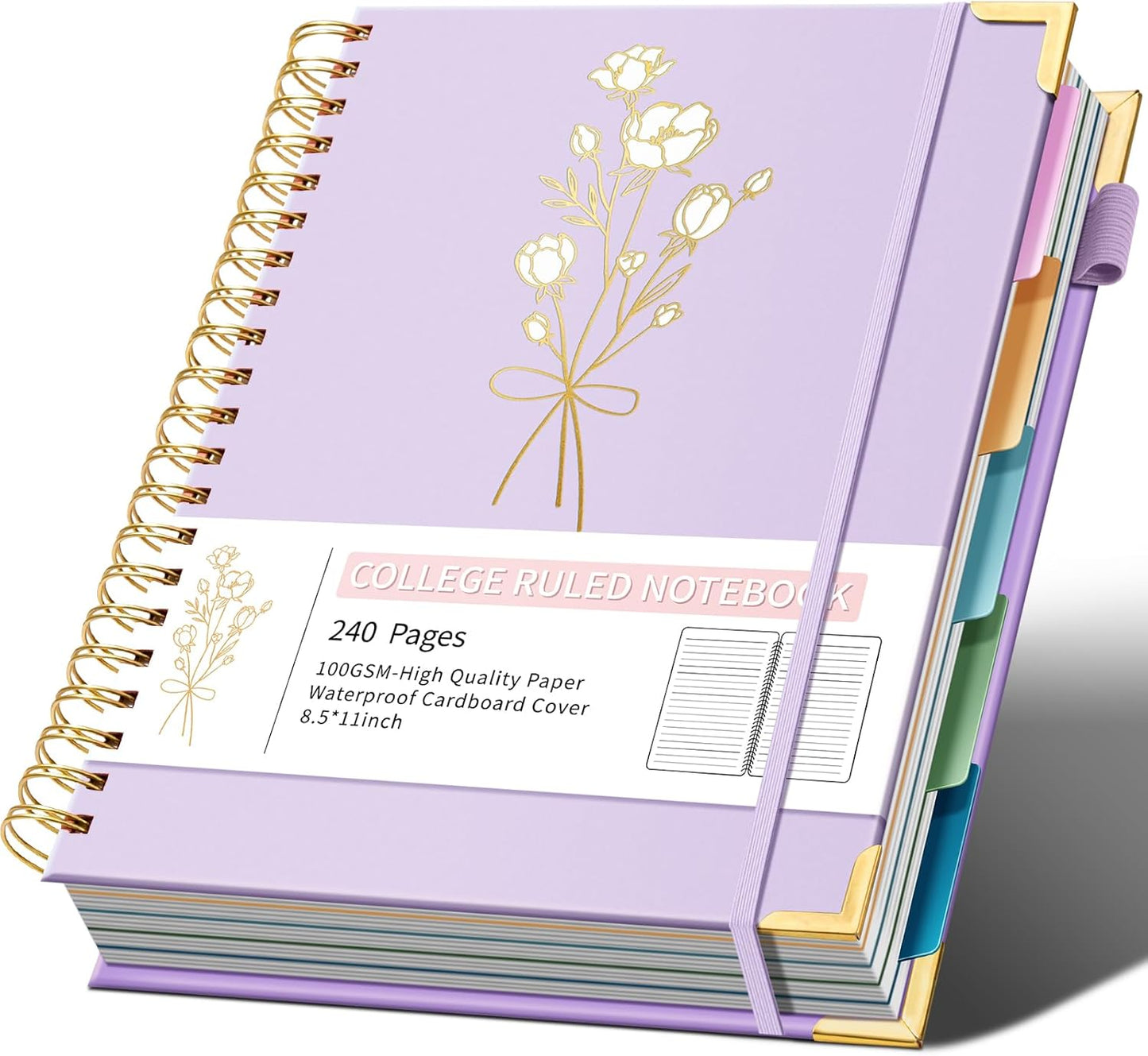 Hardcover Spiral Notebooks 8.5" X 11" Note Taking 5 Subject Notebook College Ruled with Dividers 240 Pages 100GSM Aesthetic Spiral Notebook for Work School Cute Journals for Women Writing