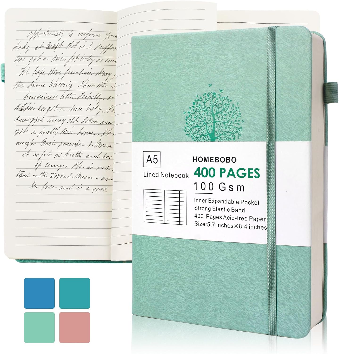 Journals for Writing, A5 Leather Ruled Notebook with 400 Pages, 100 Gms College Ruled Journal with Thick Paper, Hardcover with Inner Pocket & Pen Holder, Dark Green