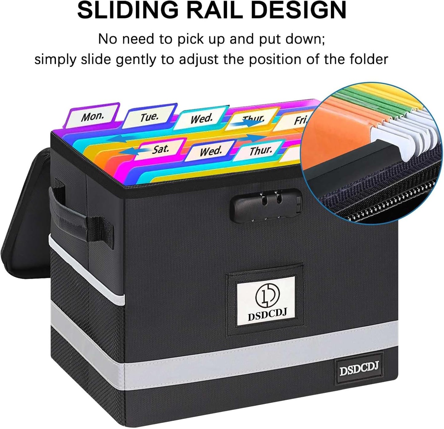 File Box with Lock - Portable File Organizer Box with Handle, Sturdy Important Document Organizer with Label, Slide, Reflective Strip for Hanging Letter/Legal Folder
