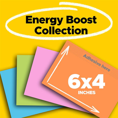 Post-it Super Sticky Notes, 8 Sticky Note Pads, 6 x 4 in., School Supplies, Office Products, Sticky Notes for Vertical Surfaces, Monitors, Walls and Windows, Energy Boost Collection