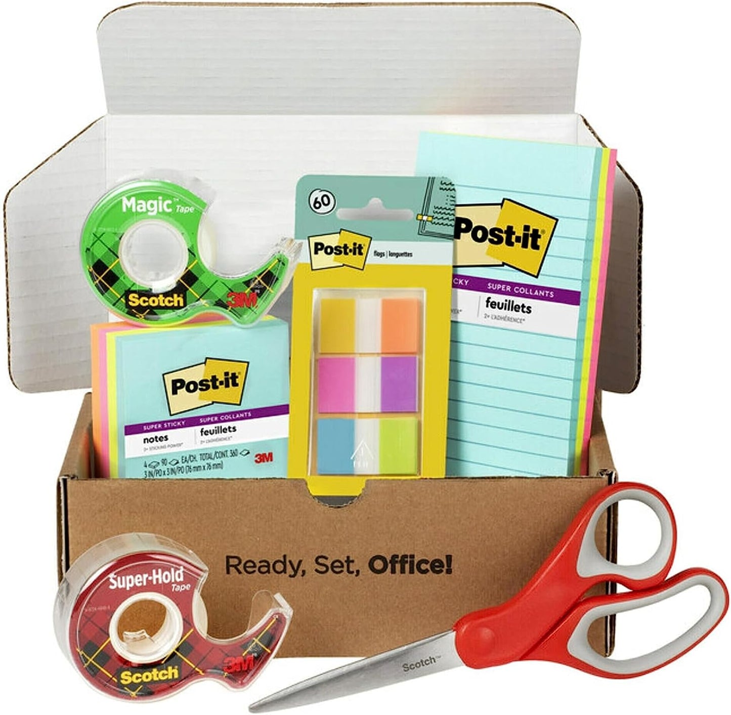 Scotch and Post-it Brand Office Essentials Kit, Business and Teacher Supplies Set with Post-it Super Sticky Notes, Scotch Super Hold Tape, Scotch Magic Tape, Post-it Flags, Sharp Scissors for Office