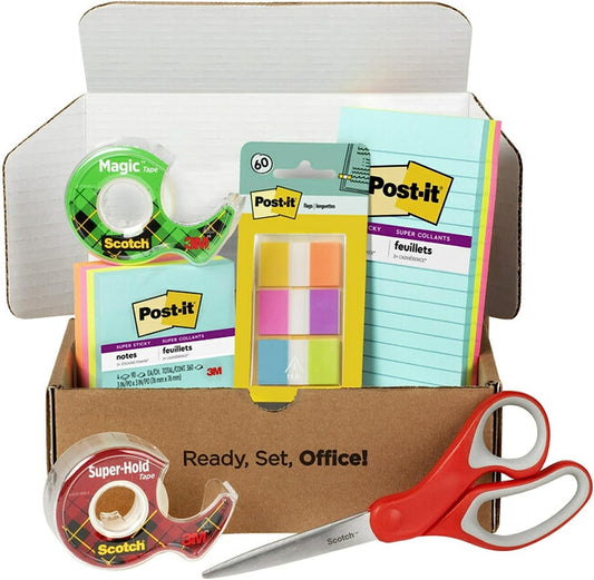 Scotch and Post-it Brand Office Essentials Kit, Business and Teacher Supplies Set with Post-it Super Sticky Notes, Scotch Super Hold Tape, Scotch Magic Tape, Post-it Flags, Sharp Scissors for Office