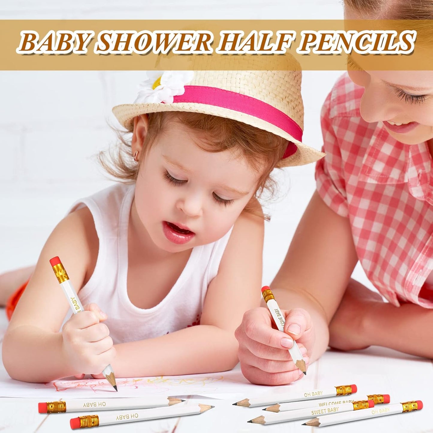 Crtiin 50 Pieces Baby Shower Pencils for Activities Mini Golf Half Pencils, Presharpened with Erasers, 4 Inch(Wood Color,Simple Style)