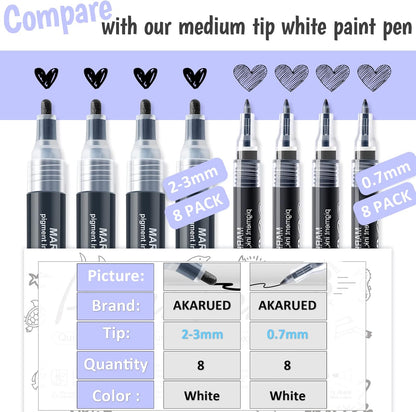 AKARUED White Paint Pen Acrylic Marker: 8 Pack 0.7mm White Paint Marker for Black Paper, Metal, Wood, Plastic, Ceramic, Metallic, Rock Painting, Drawing, Extra Fine Point, Ideal for Artist & Students