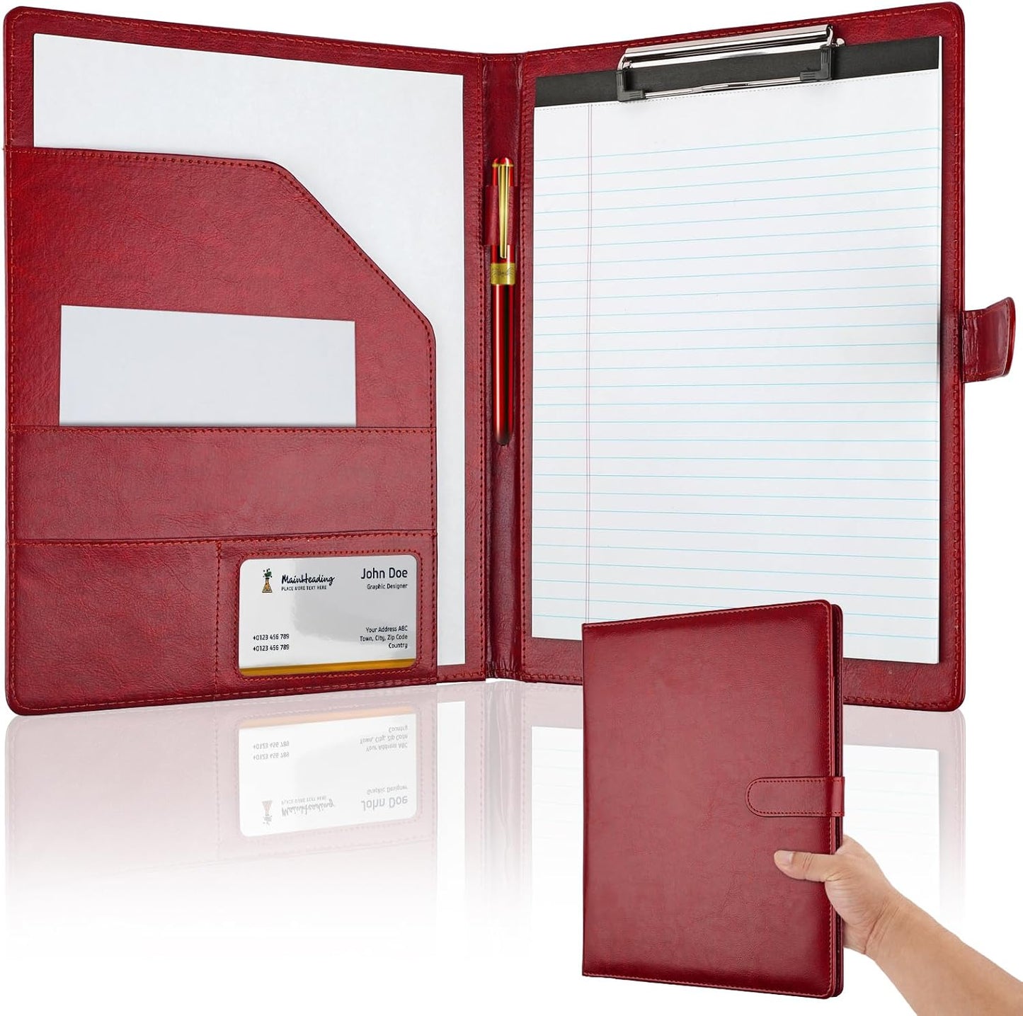 Professional Padfolio with Clipboard, Faux Leather Portfolio Folder Binder, Legal Pad Holder for A4 Letter Size Notepad, Resume, Writing Pad, Ideal Organizer for Business Office Conference, Black